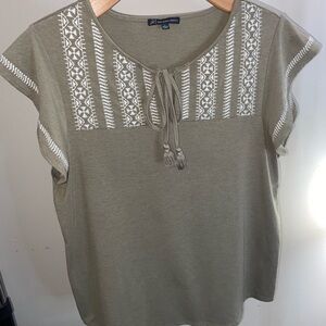 . Adrianna Papell olive Green Tie Front Embroidered Blouse